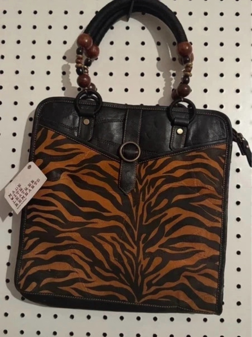 Zebra/Tiger Print Tote Bag with Beaded Handles - Black & Brown